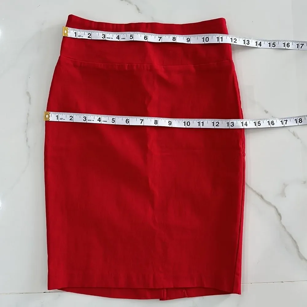 SOLID RED MIDI PENCIL SKIRT BACK SLIT SZ M STRECHY HIGT WAITS